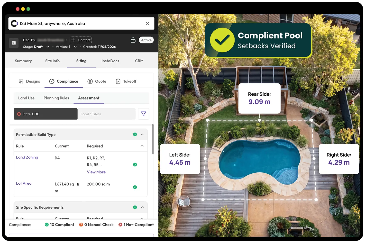 Canibuild compliance dashboard showing a custom pool sited on a property satellite view with verified setback measurements